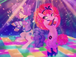 Size: 1500x1125 | Tagged: safe, artist:equmoria, artist:pigeorgien, derpibooru import, oc, oc:lovelight the dancing queen, oc:retrica, unofficial characters only, earth pony, pony, clothes, collaboration, curly hair, dancing, disco, duo, ear piercing, earring, eyeshadow, female, image, jewelry, leonine tail, makeup, mare, piercing, png, roller skates, unshorn fetlocks