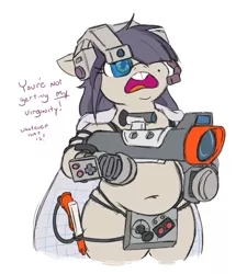 Size: 495x551 | Tagged: safe, artist:jargon scott, derpibooru import, oc, oc:dot matrix, unofficial characters only, earth pony, pony, belly button, bipedal, chubby, controller, female, hair over one eye, image, joystick, konami laser scope, mare, nes advantage, nintendo super scope, nintendo zapper, png, power glove, power pad, simple background, solo, super scope, white background