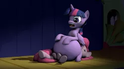 Size: 1719x955 | Tagged: source needed, suggestive, artist:blueblaze95, derpibooru import, pinkie pie, twilight sparkle, twilight sparkle (alicorn), alicorn, earth pony, pony, belly, big belly, burp, dark background, eyes closed, faceful of ass, facesitting, female, females only, horn, huge belly, image, implied trixie, jpeg, looking down, prize on the eyes, sitting, sitting on, sitting on pony, smiling, twipred, vore