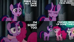 Size: 1280x720 | Tagged: safe, derpibooru import, edit, edited screencap, editor:quoterific, screencap, fluttershy, pinkie pie, rarity, twilight sparkle, twilight sparkle (alicorn), alicorn, earth pony, pegasus, pony, my little pony: the movie, eyes closed, female, hug, image, jpeg, mare