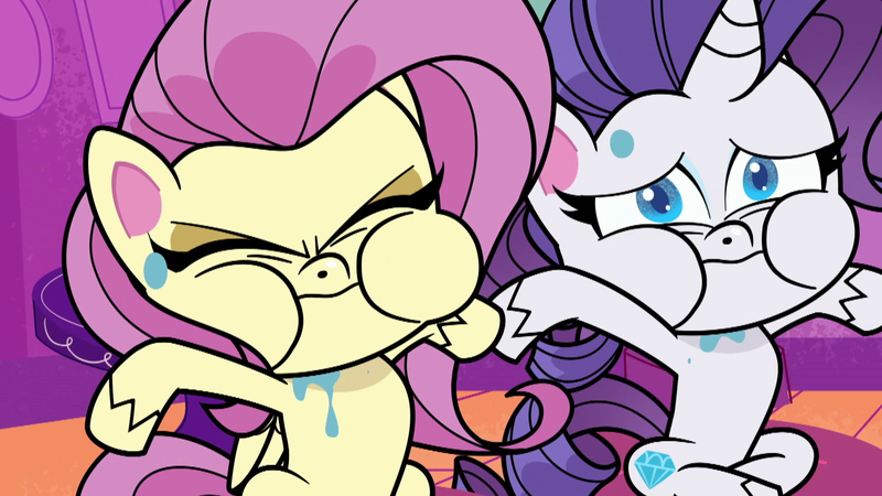 Size: 1920x1080 | Tagged: safe, derpibooru import, screencap, fluttershy, rarity, pegasus, pony, unicorn, my little pony: pony life, spoiler:pony life s02e23, female, holding breath, image, mare, png, puffy cheeks, sweat, the de-stress ball