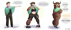 Size: 1200x520 | Tagged: source needed, suggestive, artist:gingersnap913, derpibooru import, yona, anthro, human, yak, breasts, human to yak, image, male to female, png, rule 63, shawl, transformation, transformation sequence, transgender transformation, yonabutt