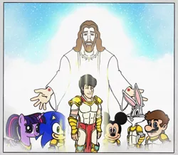 Size: 1440x1257 | Tagged: safe, artist:jmantheangel, derpibooru import, twilight sparkle, twilight sparkle (alicorn), oc, oc:j-man, alicorn, anthro, hedgehog, human, mouse, pony, rabbit, angel, animal, armor, bugs bunny, christianity, crossover, do not steal, image, jesus christ, jpeg, light, mario, mickey mouse, original art, original character do not steal, sonic the hedgehog, sonic the hedgehog (series)