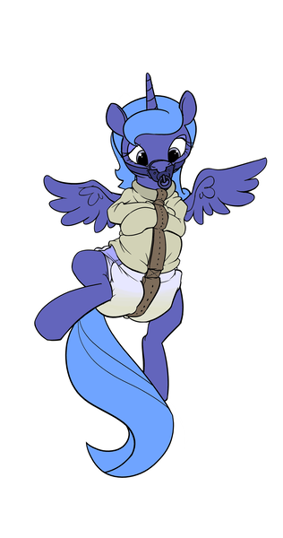 Size: 2696x5120 | Tagged: questionable, artist:envy, princess luna, bondage, diaper, diaper bondage, diaper fetish, female, fetish, gag, image, pacifier, pacifier gag, png, poofy diaper, s1 luna, solo, solo female, straitjacket, wet diaper