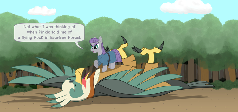 Size: 4242x1995 | Tagged: safe, alternate version, artist:malte279, derpibooru import, maud pie, bird, roc, boulder, comic, everfree forest, image, jpeg, pun, rock