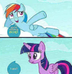 Size: 500x517 | Tagged: safe, derpibooru import, edit, edited screencap, screencap, rainbow dash, twilight sparkle, twilight sparkle (alicorn), alicorn, pegasus, pony, season 4, testing testing 1-2-3, animation error, image, jpeg, meme, missing cutie mark, needs more jpeg, open mouth, promo