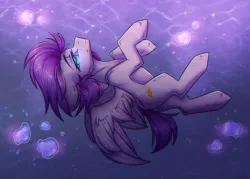 Size: 2366x1690 | Tagged: safe, artist:norra, derpibooru import, oc, unofficial characters only, pegasus, pony, blue eyes, bubble, commission, crepuscular rays, digital art, glowing eyes, image, looking up, ocean, png, purple mane, solo, underwater, water, wings, ych result, your character here