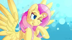 Size: 1280x720 | Tagged: safe, artist:michinix, derpibooru import, fluttershy, pegasus, pony, blue eyes, bubble, crepuscular rays, female, image, jpeg, ocean, one eye closed, open mouth, pink mane, signature, smiling, solo, spread wings, sunlight, underwater, water, wings, wink