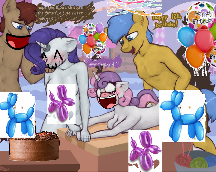 Size: 1272x1013 | Tagged: questionable, artist:chloemay16, artist:marsminer, banned from derpibooru, deleted from derpibooru, derpibooru import, edit, rarity, sweetie belle, 1000 hours in ms paint, balloon, balloon animal, cake, cute, daaaaaaaaaaaw, food, funny porn, happy birthday, happy sex, image, marsminer is trying to murder us, nudity, party, png, sex, shitposting, streamers, wholesome porn