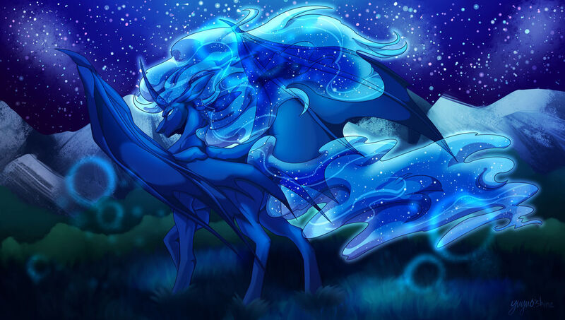 Size: 1280x724 | Tagged: safe, artist:yuyusunshine, derpibooru import, oc, unofficial characters only, alicorn, pony, bat wings, bubble, commission, ethereal mane, flowing mane, flowing tail, horn, image, jpeg, moonlight, mountain, night, signature, sky, solo, spread wings, starry mane, stars, wings