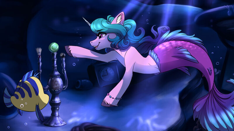 Size: 1280x720 | Tagged: safe, artist:faline-art, derpibooru import, izzy moonbow, fish, mermaid, merpony, pony, unicorn, ball, clock, cloven hooves, crepuscular rays, crossover, dorsal fin, female, fish tail, g5, horn, image, jpeg, mermaidized, ocean, open mouth, purple eyes, smiling, solo, species swap, swimming, tail, tennis ball, underwater, water