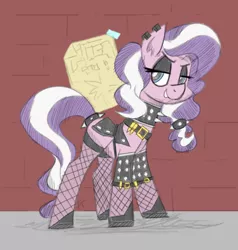 Size: 1140x1200 | Tagged: safe, artist:flutterthrash, edit, diamond tiara, earth pony, pony, black and white, choker, clothes, ear piercing, eyeshadow, female, fishnets, grayscale, image, jacket, leather jacket, lidded eyes, makeup, mare, monochrome, older, older diamond tiara, piercing, png, smiling, solo, spiked choker, spiked tail tie