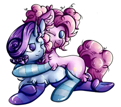 Size: 2757x2422 | Tagged: safe, artist:coco-drillo, derpibooru import, pinkie pie, rarity, earth pony, pony, unicorn, alternate hairstyle, bedroom eyes, chest fluff, clothes, commission, crossed hooves, ear fluff, female, hug, image, laughing, lesbian, lying down, one eye closed, pigtails, pinkity, png, raripie, shipping, simple background, smiling, socks, stockings, striped socks, thigh highs, transparent background, wink