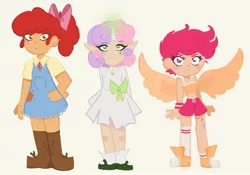 Size: 2420x1691 | Tagged: safe, artist:charrlll, derpibooru import, apple bloom, scootaloo, sweetie belle, human, alternate hairstyle, apple bloom's bow, bandaid, beauty mark, belly button, blushing, boots, bow, clothes, converse, cowboy boots, cutie mark crusaders, dress, elf ears, female, flats, freckles, glowing horn, hair bow, horn, horned humanization, humanized, image, jpeg, magic, midriff, overalls, shirt, shoes, shorts, simple background, skirt, socks, sports bra, sports shorts, white background, winged humanization, wings, wristband