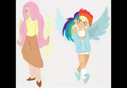 Size: 2360x1640 | Tagged: safe, artist:charrlll, derpibooru import, fluttershy, rainbow dash, human, alternate hairstyle, bedroom eyes, belly button, clothes, converse, duo, ear piercing, earring, female, flats, hair over one eye, hoodie, humanized, image, jewelry, jpeg, midriff, piercing, shoes, shorts, simple background, skirt, socks, sports bra, sports shorts, sweater, sweatershy, white background, winged humanization, wings
