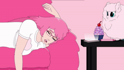 Size: 800x450 | Tagged: safe, artist:mixermike622, derpibooru import, oc, oc:fluffle puff, cat, human, animal, animated, clothes, coffee table, couch, cupcake, falling, floof'n'friends, food, gif, glasses, humanized, image, implied queen chrysalis, looking at something, mobile phone, phone, plushie, running, sleeping, smartphone, solo, text, tired