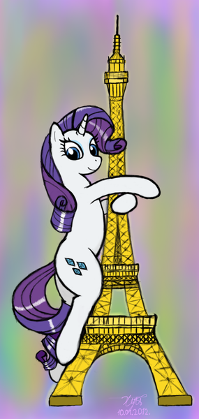 Size: 599x1260 | Tagged: safe, artist:xyi, derpibooru import, rarity, pony, unicorn, eiffel tower, female, giant pony, image, macro, png, solo