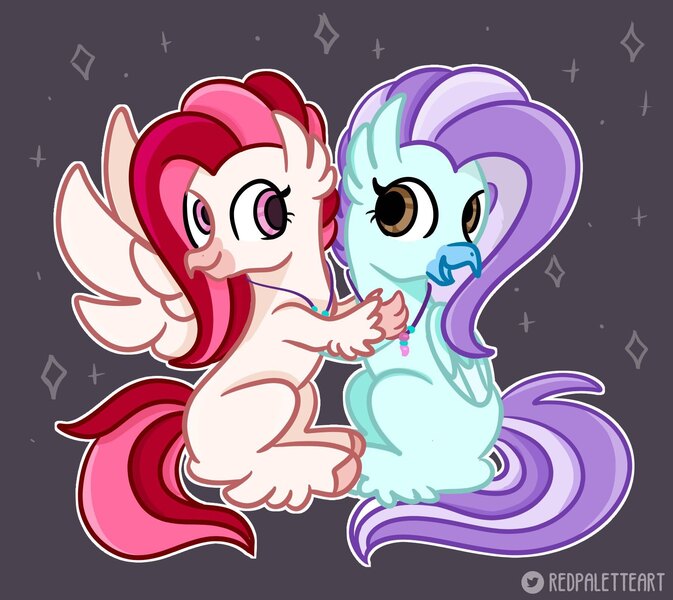 Size: 1800x1604 | Tagged: safe, artist:redpalette, derpibooru import, oc, oc:ocean breeze, oc:velvet skies, classical hippogriff, hippogriff, duo, hippogriff oc, hug, image, jewelry, jpeg, smiling, spread wings, wings