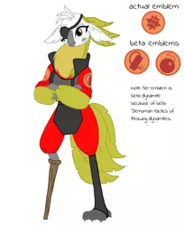 Size: 2376x2907 | Tagged: safe, artist:agdapl, derpibooru import, parrot pirates, my little pony: the movie, amputee, crossed arms, crossover, demoman, eyepatch, image, peg leg, pirate, png, prosthetic leg, prosthetic limb, prosthetics, reference sheet, simple background, solo, species swap, team fortress 2, white background