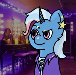 Size: 1166x1156 | Tagged: safe, artist:melodysketch, derpibooru import, pony, unicorn, cell shaded, character:trixie, clothes, cutie mark, cutie mark on clothes, dyed mane, ear piercing, earring, eyebrow piercing, hatless, image, jacket, jewelry, jpeg, leather jacket, messy mane, missing accessory, nose piercing, nose ring, piercing, punk, solo