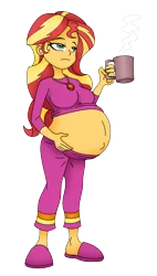 Size: 2372x4168 | Tagged: safe, artist:niban-destikim, derpibooru import, sunset shimmer, equestria girls, belly, belly button, big belly, clothes, coffee, geode, geode of empathy, image, magical geodes, pajamas, png, pregnant, simple background, slippers, transparent background