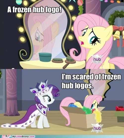 Size: 500x557 | Tagged: safe, derpibooru import, screencap, fluttershy, rarity, pegasus, pony, unicorn, hearth's warming eve (episode), season 2, box, breaking the fourth wall, cardboard box, hiding, hub logo, image, jpeg, meme, mirror, my little brony, television logo joke