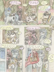 Size: 2116x2835 | Tagged: safe, artist:cindertale, derpibooru import, oc, oc:cinder, oc:lightning bliss, oc:toonkriticy2k, alicorn, deer, demon, pegasus, pony, unicorn, alicorn oc, chest fluff, comic, deer oc, dialogue, female, forest, hat, holding a pony, horn, image, jpeg, male, mare, offscreen character, outdoors, pegasus oc, pov, stallion, top hat, traditional art, tree, unicorn oc, wings