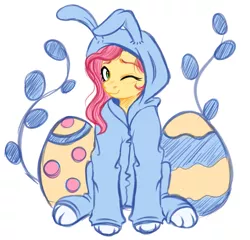 Size: 3261x3136 | Tagged: safe, artist:vetta, derpibooru import, fluttershy, pegasus, pony, animal costume, bunny costume, bunnyshy, clothes, costume, easter, easter egg, female, high res, holiday, image, mare, one eye closed, png, simple background, sitting, smiling, solo, white background, wink