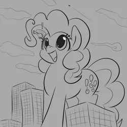 Size: 500x500 | Tagged: safe, artist:dendollae, derpibooru import, pinkie pie, earth pony, pony, cute, diapinkes, exclamation point, female, grayscale, helicopter, image, macro, mare, monochrome, open mouth, png, smiling, solo