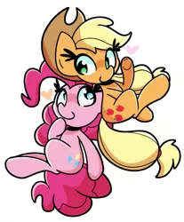 Size: 1695x2048 | Tagged: safe, artist:kindakismet, derpibooru import, applejack, pinkie pie, earth pony, pony, abstract background, applepie, cute, diapinkes, female, heart, image, jackabetes, jpeg, lesbian, mare, shipping, simple background, solo