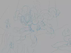 Size: 1280x960 | Tagged: safe, artist:dendollae, derpibooru import, pinkie pie, oc, earth pony, fish, pony, seapony (g4), female, image, jpeg, mare, monochrome, sketch, snorkel, snorkeling, solo, swimming, underwater