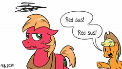 Size: 1200x675 | Tagged: safe, artist:pony-berserker, derpibooru import, applejack, big macintosh, earth pony, amogus, among us, brother and sister, female, floppy ears, freckles, image, jpeg, male, meme, pony-berserker's twitter sketches, siblings, suspicious