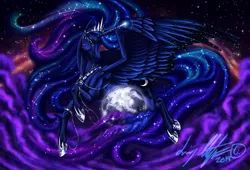 Size: 2030x1380 | Tagged: safe, artist:aki-san24, derpibooru import, princess luna, alicorn, pony, blue eyes, cloud, constellation, crown, ethereal mane, female, flowing mane, flowing tail, flying, glowing horn, hoof shoes, horn, image, jewelry, magic, moon, necklace, night, png, regalia, signature, sky, solo, space, sparkles, spread wings, starry mane, stars, wings