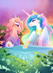 Size: 1280x1755 | Tagged: safe, artist:pumpkabooo, derpibooru import, princess amore, princess celestia, alicorn, pony, unicorn, colored pupils, crown, curly mane, dusk, ethereal mane, female, flowing mane, folded wings, hoof shoes, horn, image, jewelry, jpeg, leaf, looking at each other, orange eyes, purple eyes, regalia, sad, sky, sparkles, starry mane, sunset, table, teapot, wings