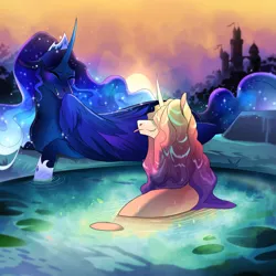 Size: 1280x1280 | Tagged: safe, artist:pumpkabooo, derpibooru import, princess amore, princess luna, alicorn, pony, unicorn, colored pupils, crown, curly mane, dusk, ethereal mane, fangs, female, flowing mane, folded wings, hoof shoes, horn, image, jewelry, jpeg, looking at each other, regalia, sky, smiling, sparkles, starry mane, sun, tongue out, wet, wet mane, wings