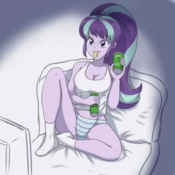 Size: 2952x2952 | Tagged: suggestive, artist:sumin6301, derpibooru import, starlight glimmer, equestria girls, alcohol, beer, beverage, breasts, busty starlight glimmer, can, chips, cleavage, clothes, female, food, high res, image, jpeg, panties, potato chips, pringles, sitting, socks, solo, solo female, striped panties, television, underwear
