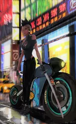 Size: 1080x1764 | Tagged: safe, artist:scarlet wayfarer, derpibooru import, princess ember, human, biker, humanized, image, jpeg, katana, motorcycle, night, rain, solo, sword, weapon