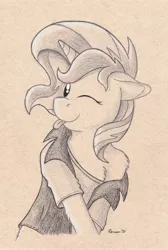 Size: 3375x5008 | Tagged: safe, artist:peruserofpieces, derpibooru import, sunset shimmer, pony, unicorn, clothes, crossed legs, equestria girls outfit, female, floppy ears, horn, image, jpeg, looking at you, mare, off shoulder, one eye closed, pencil drawing, smiling, smiling at you, solo, solo female, toned paper, tongue out, traditional art, wink