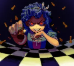 Size: 1280x1135 | Tagged: safe, artist:wotuchel, derpibooru import, cozy glow, human, chess, chessboard, chess piece, evil grin, female, foreshortening, glowing eyes, grin, humanized, image, jpeg, looking at you, pure concentrated unfiltered evil of the utmost potency, pure unfiltered evil, red eyes take warning, smiling, solo