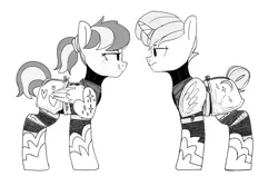 Size: 1404x890 | Tagged: safe, artist:tallaferroxiv, oc, oc:radiant hex, oc:starry skies hailstorm, unofficial characters only, pegasus, pony, unicorn, armor, duo, female, freckles, grayscale, horn, horn ring, image, jewelry, looking at each other, mare, monochrome, pegasus oc, png, ring, tail wrap, unicorn oc, wings