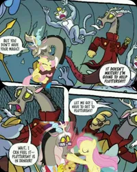 Size: 4096x5120 | Tagged: safe, artist:tonyfleecs, derpibooru import, editor:zcord, idw, discord, fluttershy, abyssinian, draconequus, pegasus, pony, discordant harmony, to where and back again, spoiler:comic, spoiler:comic97, absurd resolution, collage, cropped, female, hug, image, jpeg, male, mare, season 10