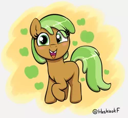 Size: 1814x1676 | Tagged: safe, artist:heretichesh, derpibooru import, apple crumble, earth pony, pony, apple family member, blushing, colored, female, filly, image, looking at you, png, raised hoof, simple background, smiling, smiling at you, solo, tooth gap