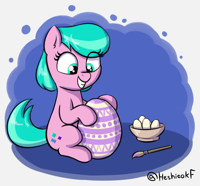 Size: 1815x1692 | Tagged: safe, artist:heretichesh, derpibooru import, aquamarine, earth pony, pony, bowl, colored, easter egg, egg, female, filly, grin, image, paintbrush, png, simple background, sitting, smiling