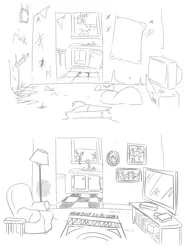 Size: 799x1082 | Tagged: safe, artist:jargon scott, derpibooru import, before and after, black and white, bread, chair, family photo, food, grayscale, house, image, knife, mess, monochrome, no pony, png, television, toast, vulgar