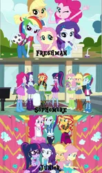 Size: 1920x3240 | Tagged: safe, derpibooru import, edit, edited screencap, screencap, applejack, fluttershy, pinkie pie, rainbow dash, rarity, sci-twi, spike, spike the regular dog, sunset shimmer, twilight sparkle, dog, dance magic, equestria girls, equestria girls (movie), equestria girls series, rollercoaster of friendship, spoiler:eqg specials, canterlot high, football, freshman, high res, humane five, humane seven, humane six, image, junior, photo, photo booth, png, sophomore, sports