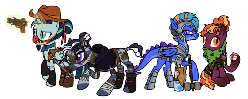 Size: 2563x1025 | Tagged: safe, artist:flipwix, derpibooru import, oc, oc:critical strike (ice1517), oc:herbal remedies, oc:scale shield, oc:wyld snare, unofficial characters only, alicorn, bat pony, bat pony alicorn, dracony, dragon, earth pony, hybrid, original species, pegasus, pony, timber pony, timber wolf, zebra, alicorn oc, armor, bat pony oc, bat wings, beard, belt, boots, bracelet, camouflage, cloak, clothes, cowboy, cowboy boots, cowboy hat, curved horn, dirt, dnd, druid, dungeons and dragons, eye scar, facial hair, fantasy class, female, fingerless gloves, genderfluid, gloves, glowing horn, gun, half mask, hammer, handgun, hat, helmet, hood, horn, horned helmet, image, jewelry, katana, leag, levitation, magic, male, mare, markings, mask, moss, mud, necklace, pen and paper rpg, png, raised hoof, revolver, rogue, rpg, samurai, scar, shield, shoes, simple background, skirt, species swap, stallion, sword, telekinesis, tooth, transparent background, war hammer, weapon, wings, zebra oc