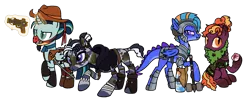 Size: 2563x1025 | Tagged: safe, artist:flipwix, derpibooru import, oc, oc:critical strike (ice1517), oc:herbal remedies, oc:scale shield, oc:wyld snare, unofficial characters only, alicorn, bat pony, bat pony alicorn, dracony, dragon, earth pony, hybrid, original species, pegasus, pony, timber pony, timber wolf, zebra, alicorn oc, armor, bat pony oc, bat wings, beard, belt, boots, bracelet, camouflage, cloak, clothes, cowboy, cowboy boots, cowboy hat, curved horn, dirt, dnd, druid, dungeons and dragons, eye scar, facial hair, fantasy class, female, fingerless gloves, genderfluid, gloves, glowing horn, gun, half mask, hammer, handgun, hat, helmet, hood, horn, horned helmet, image, jewelry, katana, leag, levitation, magic, male, mare, markings, mask, moss, mud, necklace, pen and paper rpg, png, raised hoof, revolver, rogue, rpg, samurai, scar, shield, shoes, simple background, skirt, species swap, stallion, sword, telekinesis, tooth, transparent background, war hammer, weapon, wings, zebra oc