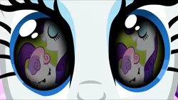 Size: 1280x720 | Tagged: safe, derpibooru import, screencap, rarity, sweetie belle, magical mystery cure, season 2, season 3, sisterhooves social, eye reflection, eyes closed, half-closed eyes, image, png, reflection