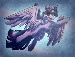 Size: 1600x1200 | Tagged: safe, artist:xneodrago, derpibooru import, twilight sparkle, twilight sparkle (alicorn), alicorn, pony, abstract background, chest fluff, ear fluff, eyelashes, female, flying, frog (hoof), horn, image, mare, open mouth, png, smiling, solo, traditional art, underhoof, wings