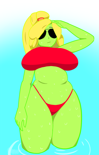 Size: 1696x2659 | Tagged: suggestive, artist:doodli'nn, derpibooru import, granny smith, equestria girls, big breasts, bikini, breasts, busty young granny smith, chubby, clothes, female, gilf, high res, image, milf, png, solo, solo female, sunglasses, sweat, swimsuit, thighs, thunder thighs, water, young granny smith, younger